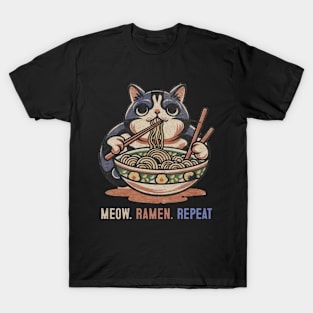 Meow Ramen Repeat Anime Cat Eating Ramen Manga Kitty T-Shirt